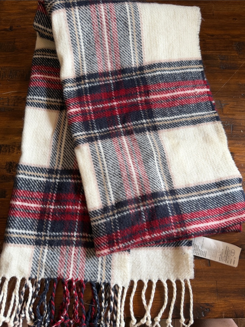 Cozy Plaid Fringe Scarf in Cream, Navy & Red